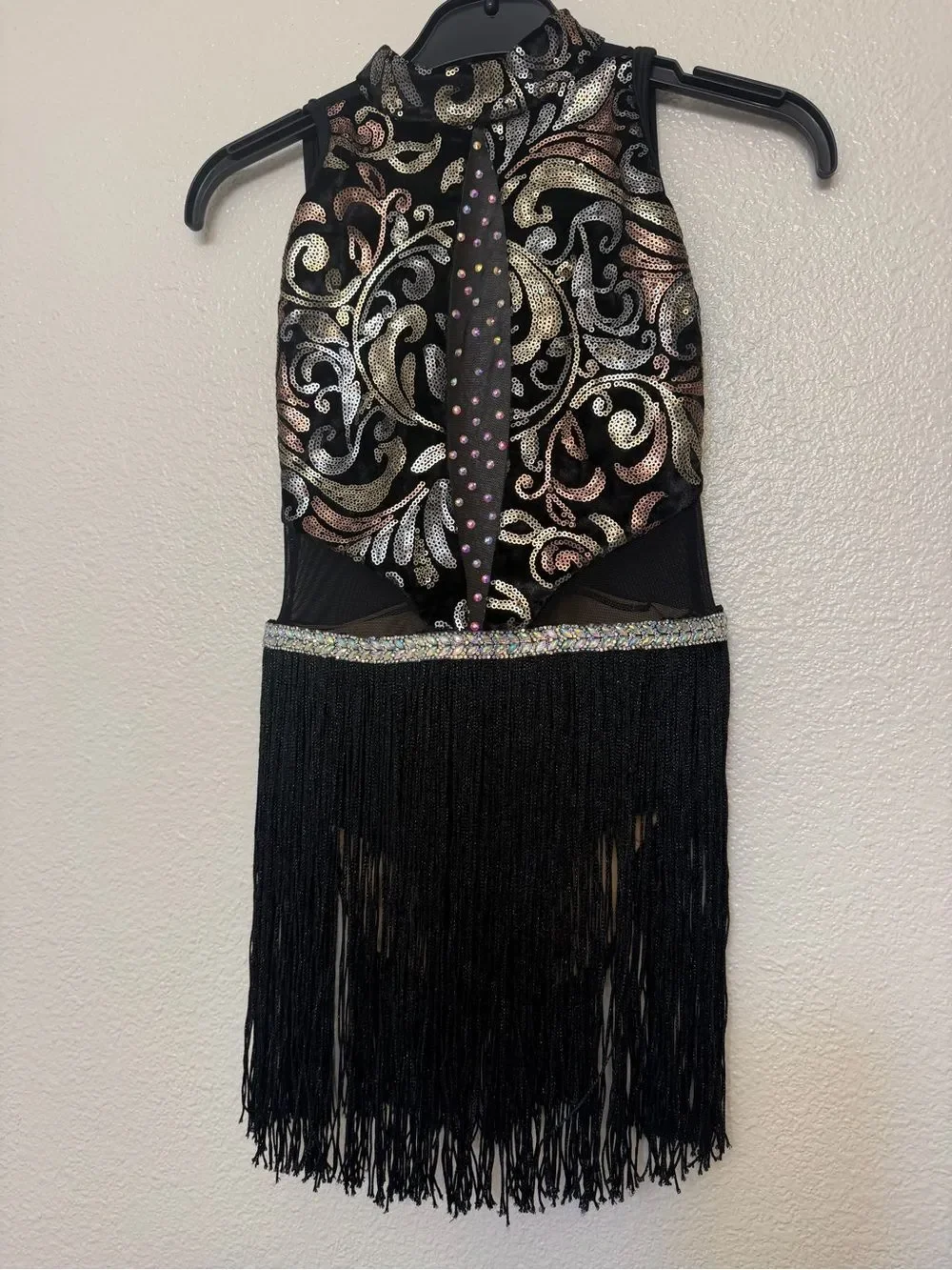 Ilo Gear glam black custom dance costume leotard rhinestoned velvet fringe LC